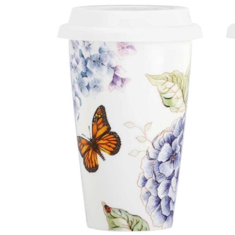 Lenox Thermal Travel Mug Double Wall Coffee Tumbler silicon Lid Ceramic Floral